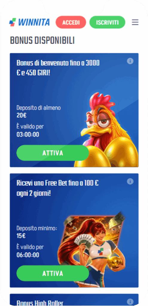 Sezione bonus Nell'app mobile Winnita in Italia